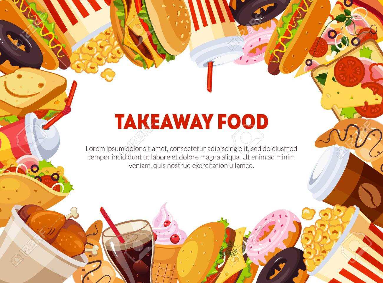 Takeaway Food Banner Template With Delicious Fast Food Dishes,.. Intended For Food Banner Template