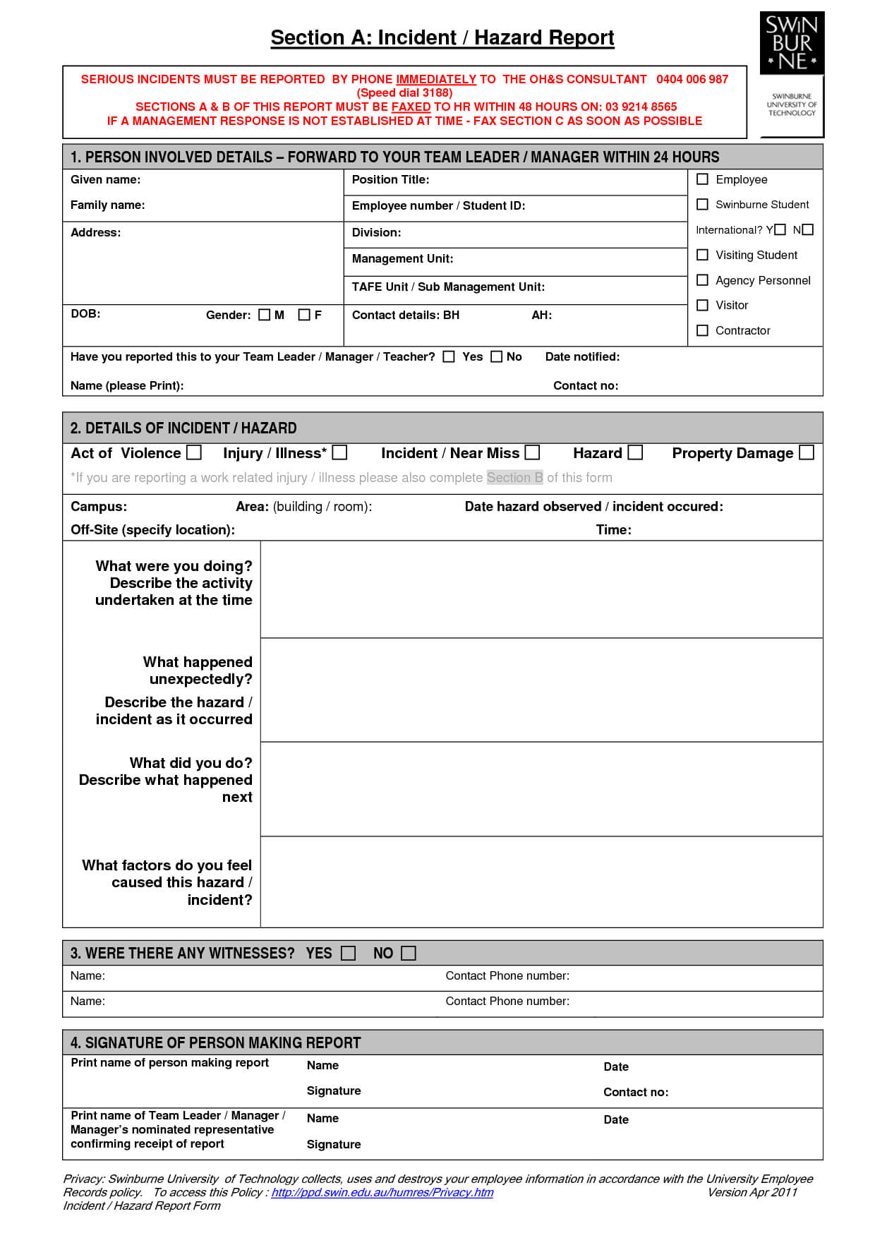 Technology Incident Report Template And Incident Report In Incident Hazard Report Form Template
