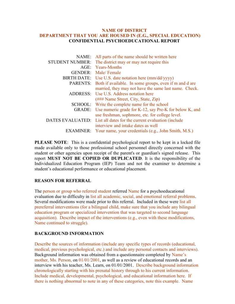 Template For A Bilingual Psychoeducational Report Pertaining To School Psychologist Report Template