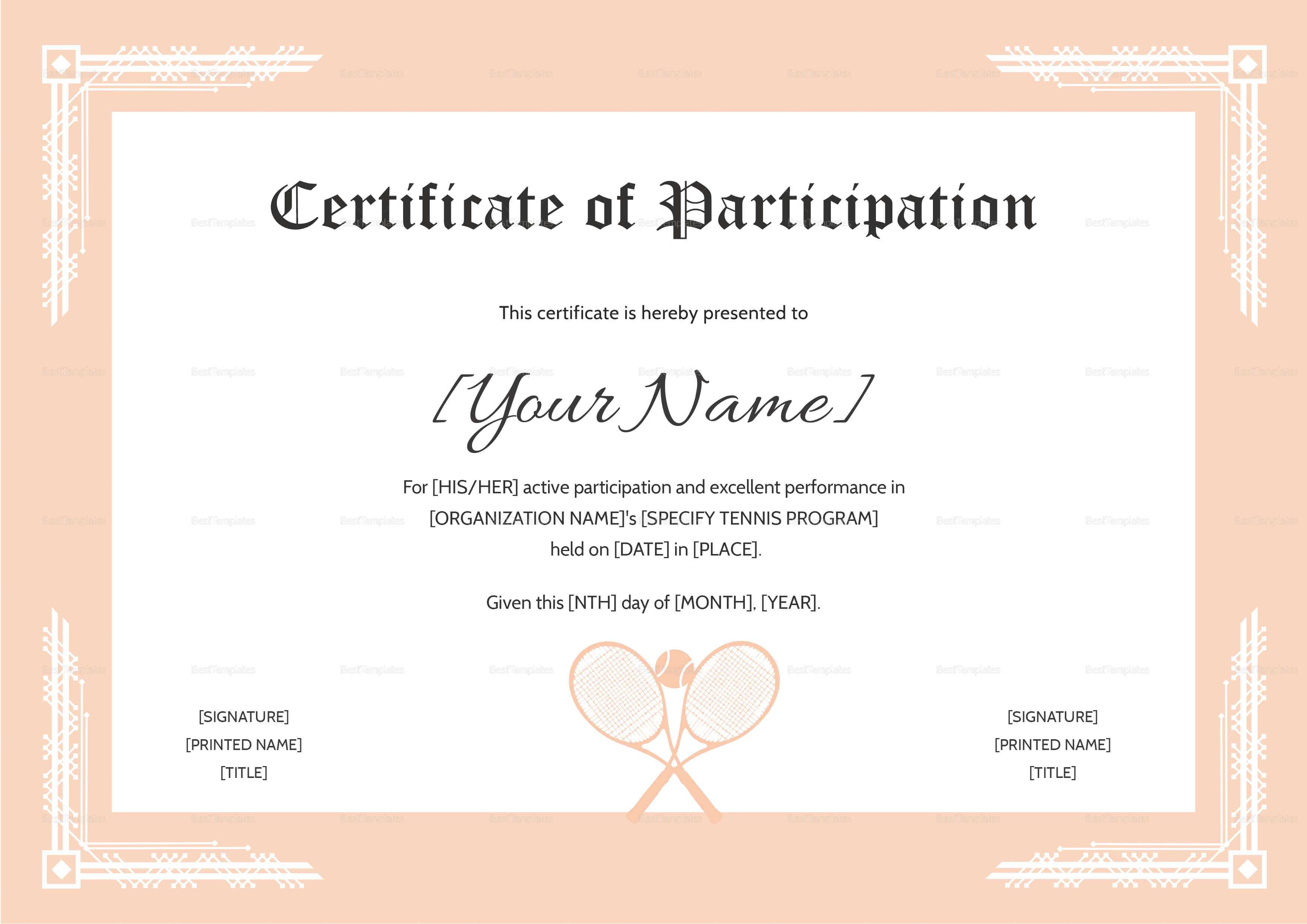 Tennis Participation Certificate Template In Templates For Certificates Of Participation