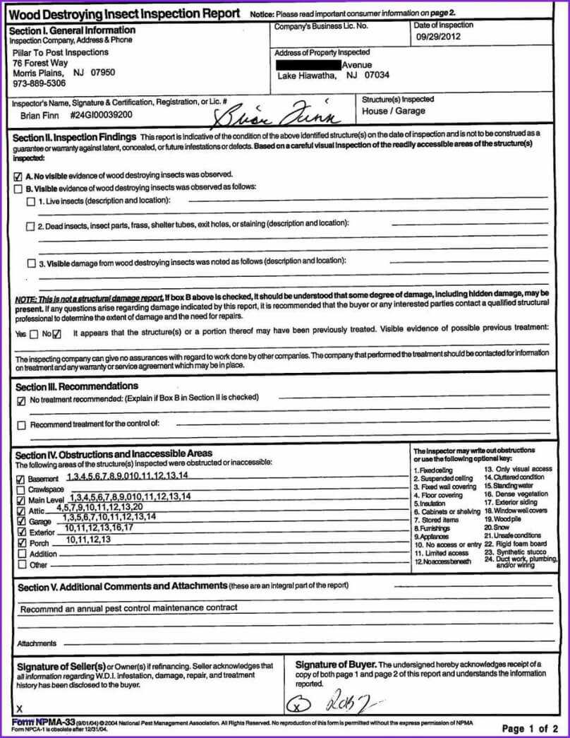 Termite Inspection Report Template Inside Pest Control Inspection Report Template