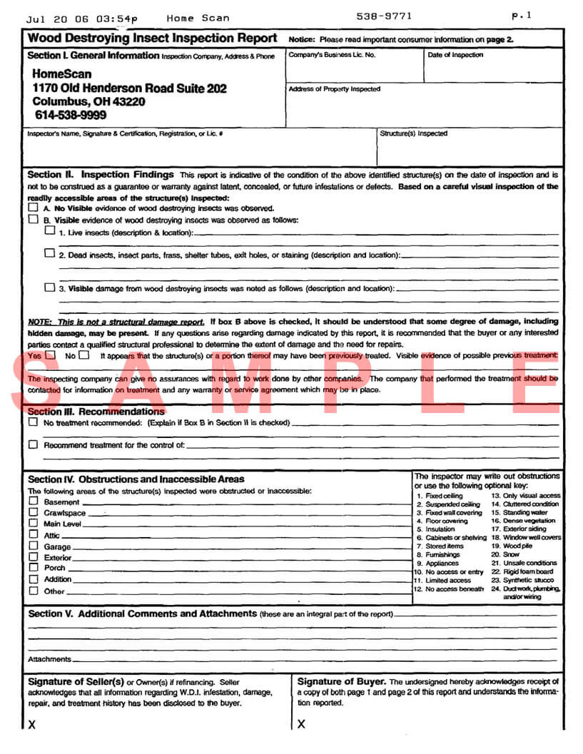 Termite Inspection: Sample Termite Inspection Report Intended For Pest Control Inspection Report Template