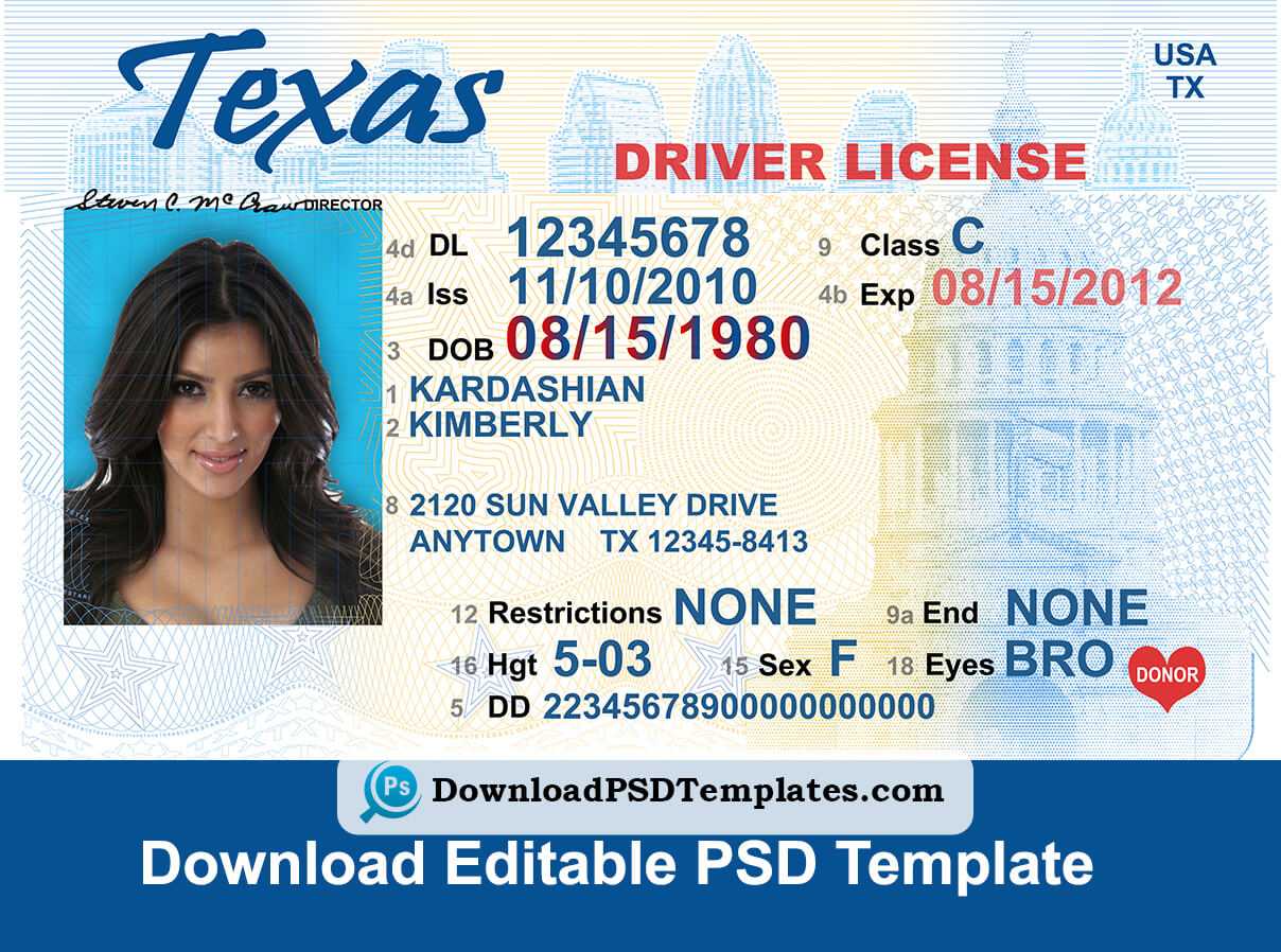 Texas Driver License Psd Template | Download Editable File Inside Florida Id Card Template