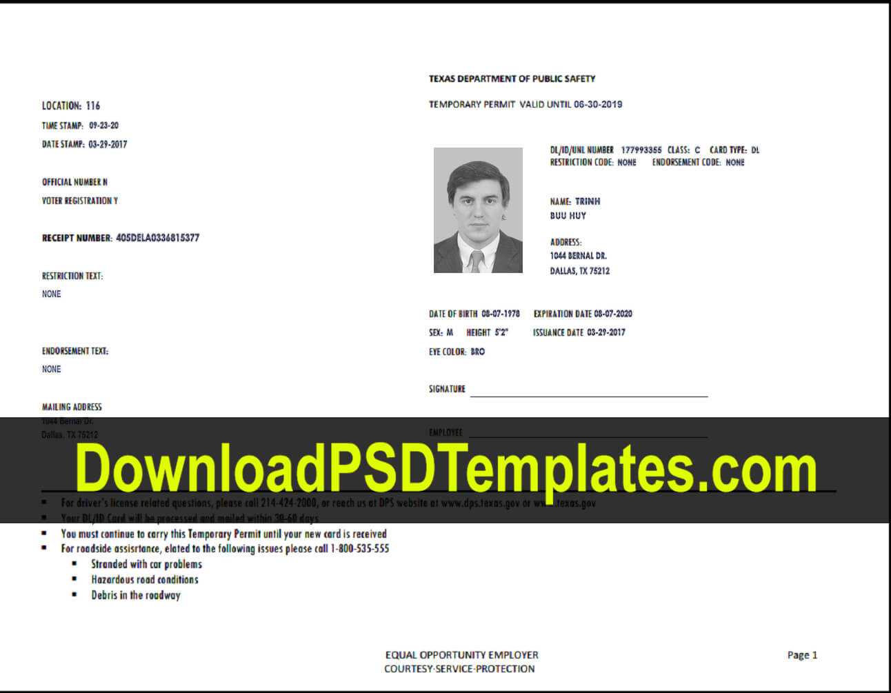 Texas Temporary Permit Template Psd Regarding Texas Id Card Template