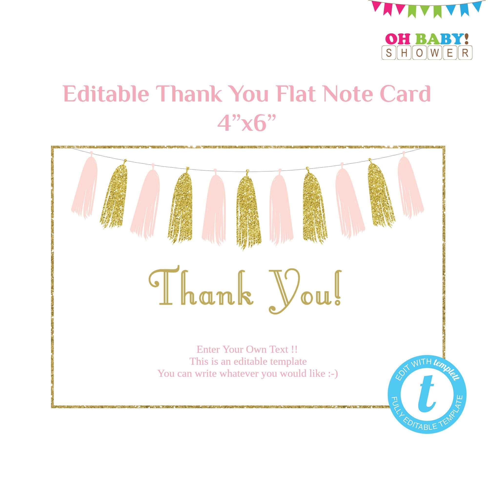 Thank You Card Template Flat Note Card Editable Card Pink Gold Baby Shower  Girl, Printable Thank Yous, Pink And Gold Tassels Download Taspg For Thank You Note Card Template