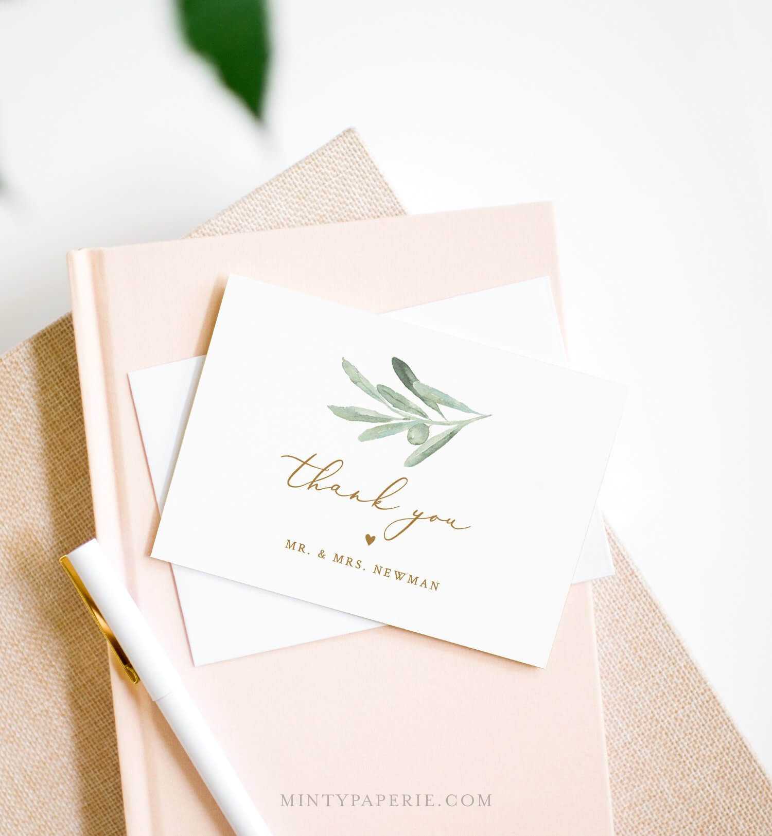 Thank You Note Card Template, Printable Olive Leaves, Greenery Wedding /  Bridal Shower Folded Card, Instant Download, Editable #081 120Tyc Throughout Thank You Note Cards Template