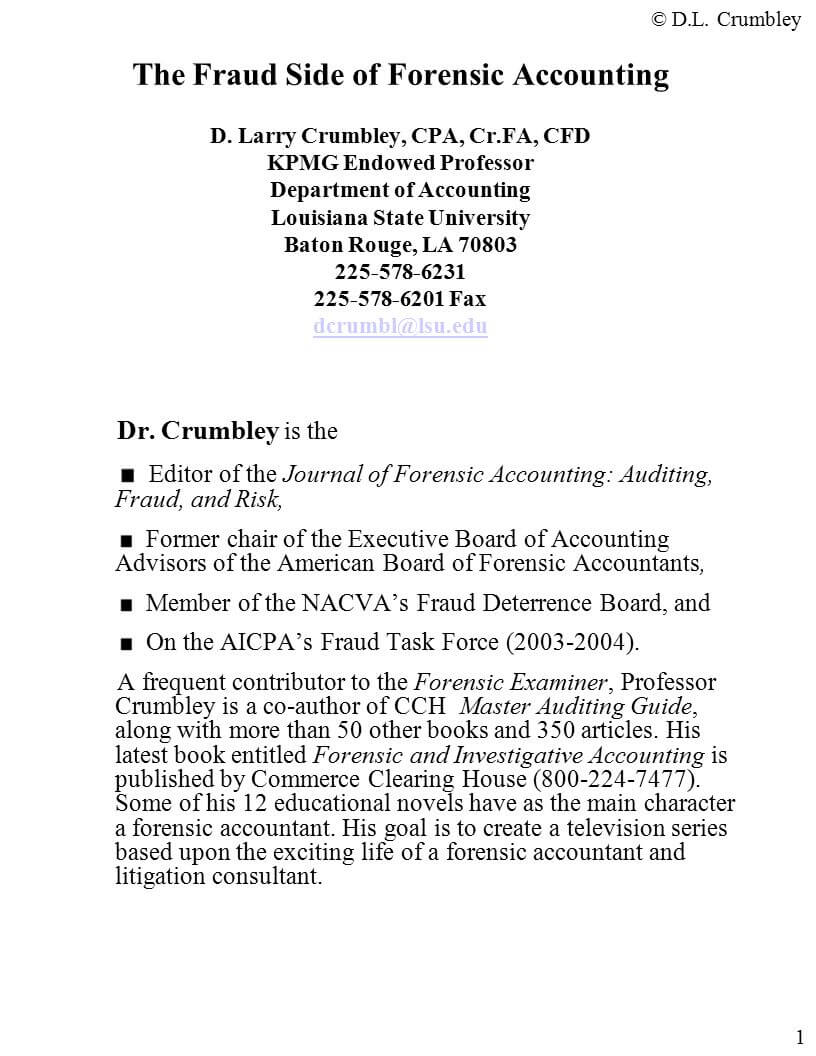 The Fraud Side Of Forensic Accounting D. Larry Crumbley, Cpa Pertaining To Forensic Accounting Report Template