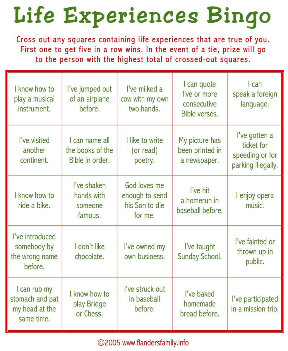 Today's Game Is "life Experiences Bingo." This Makes A Great For Ice Breaker Bingo Card Template