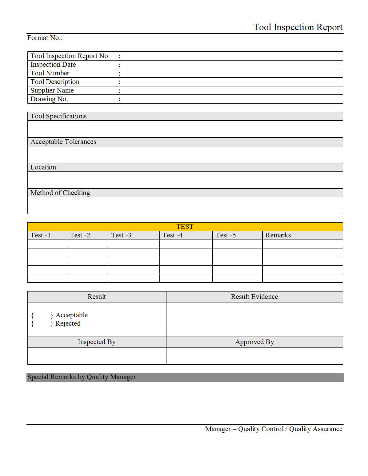 Tool Inspection Report – With Part Inspection Report Template