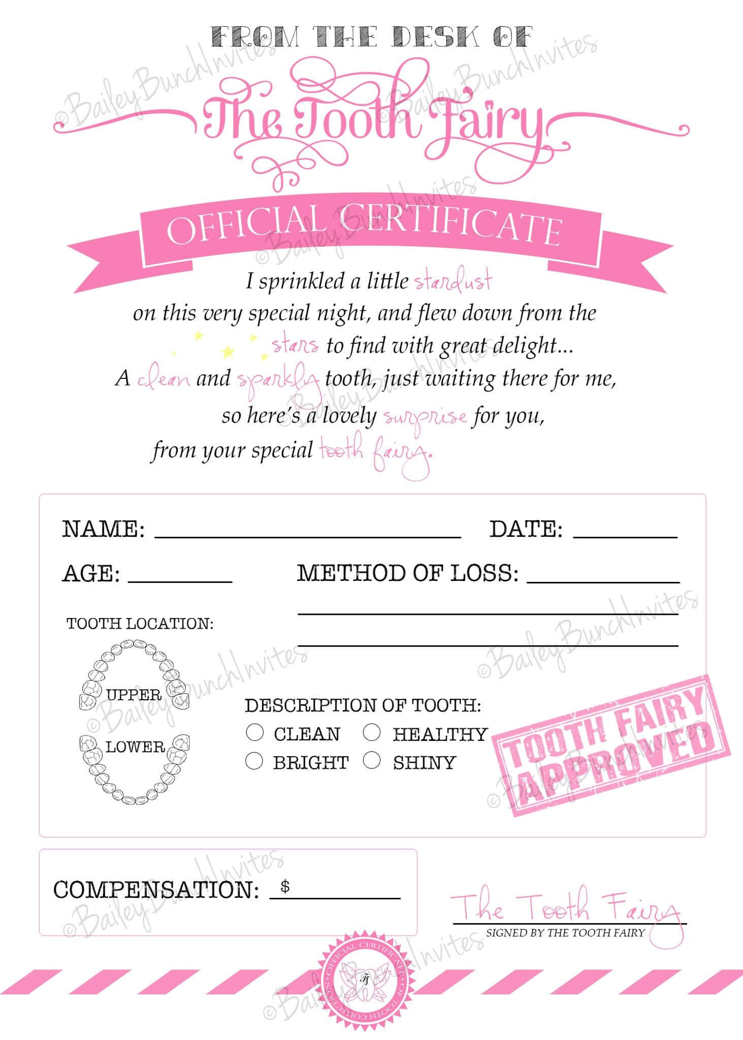 Tooth Fairy Certificate – Pink – Instant Download With Regard To Tooth Fairy Certificate Template Free