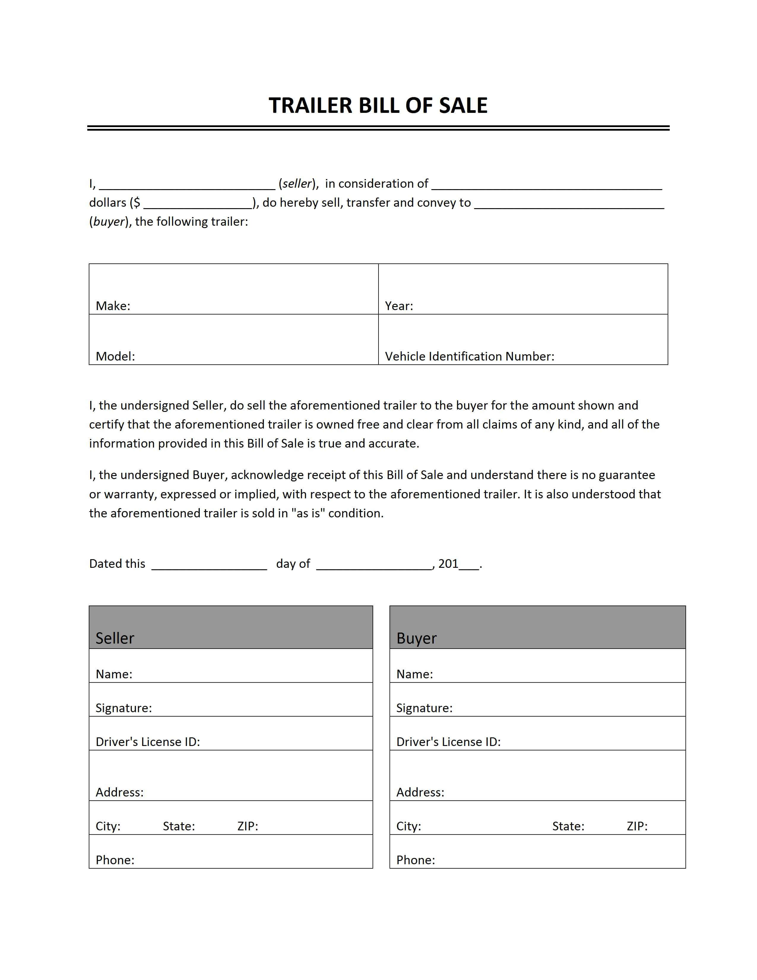 Trailer Bill Of Sale Throughout Vehicle Bill Of Sale Template Word