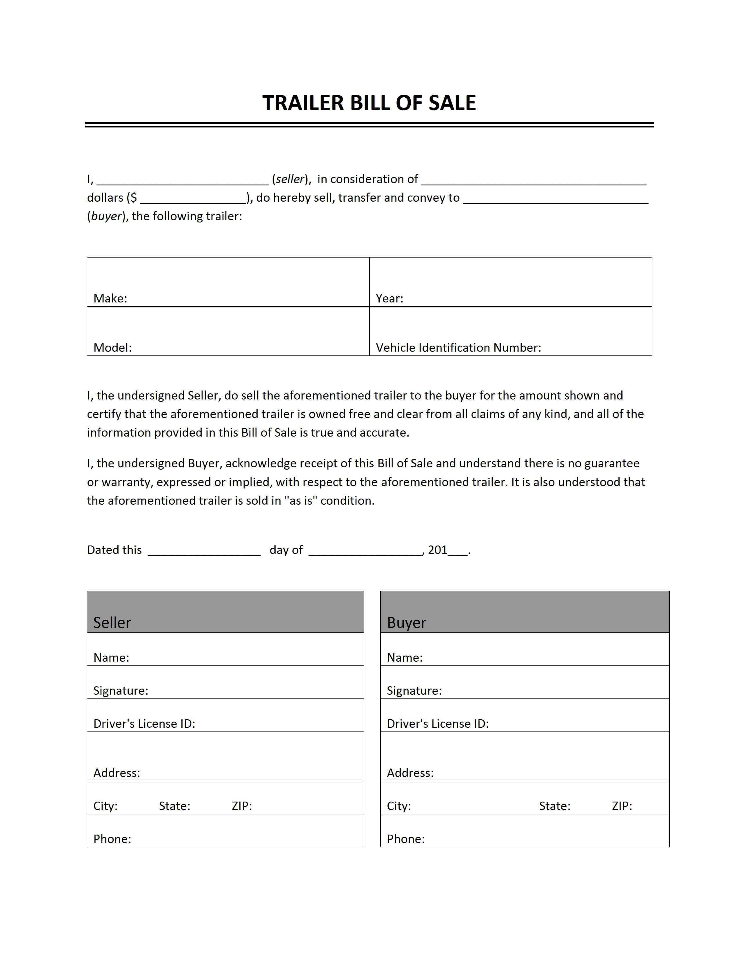 Trailer Bill Of Sale Throughout Vehicle Bill Of Sale Template Word