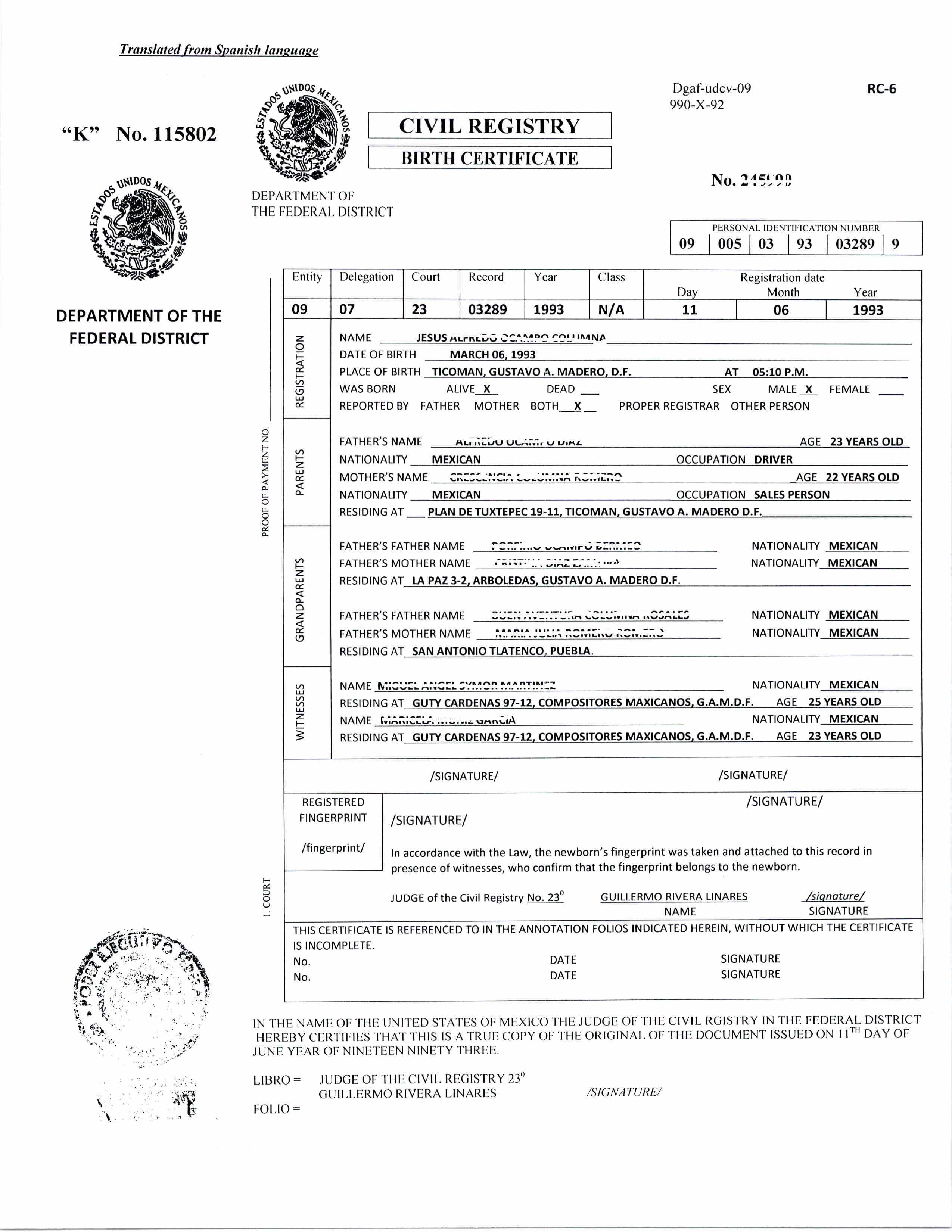 Translation Certification Statement Uscis For Birth Regarding Uscis Birth Certificate Translation Template