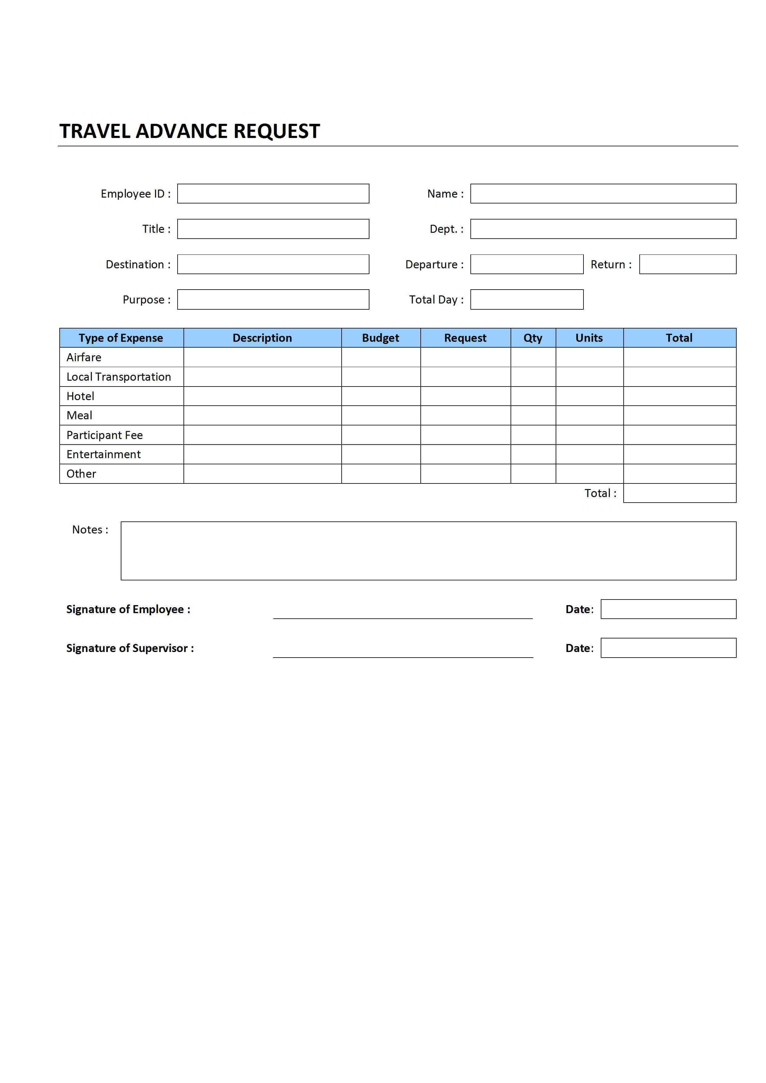 Travel Advance Request For Travel Request Form Template Word