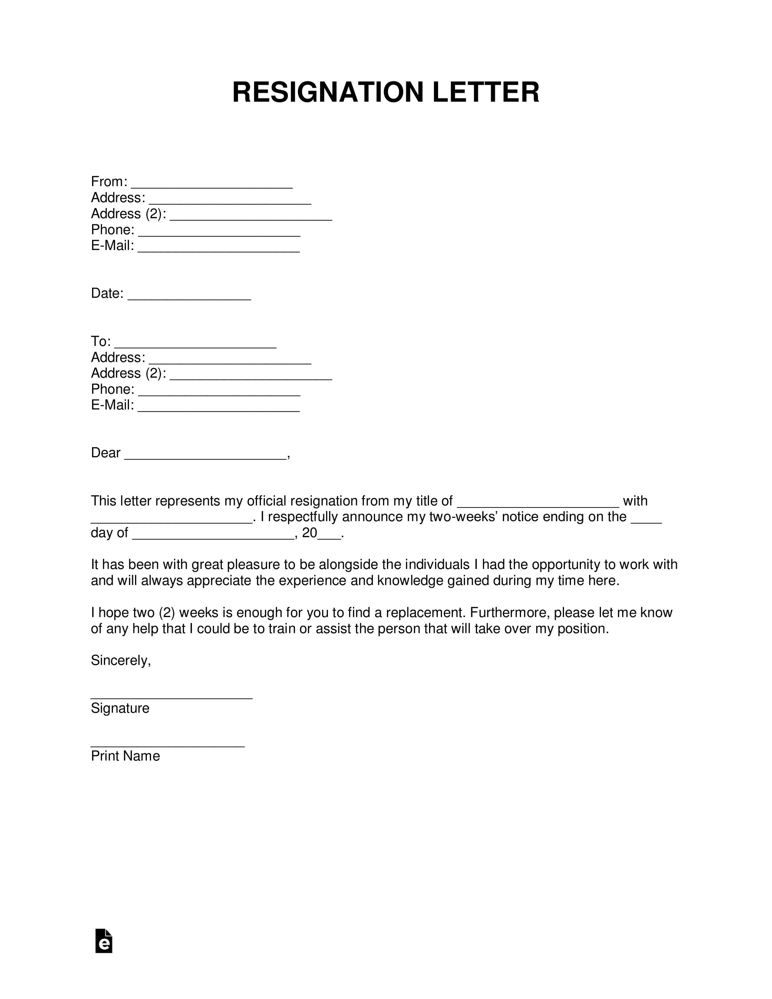 Two (2) Weeks' Notice Resignation Letter Template – With Inside Two Week Notice Template Word