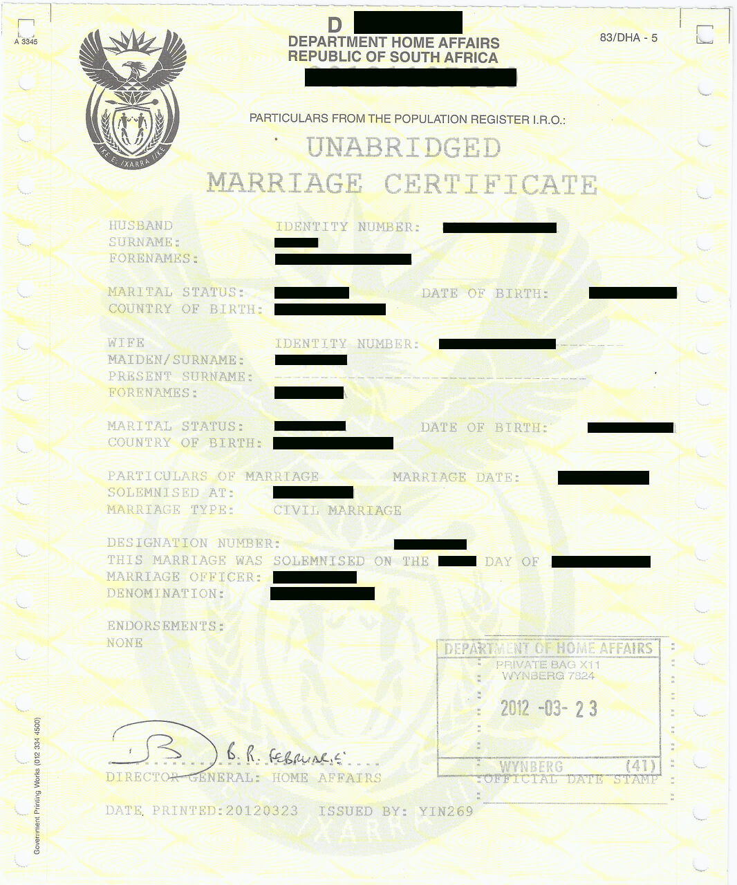 Unabridged Marriage Certificate | Apostilles And Police Inside South African Birth Certificate Template