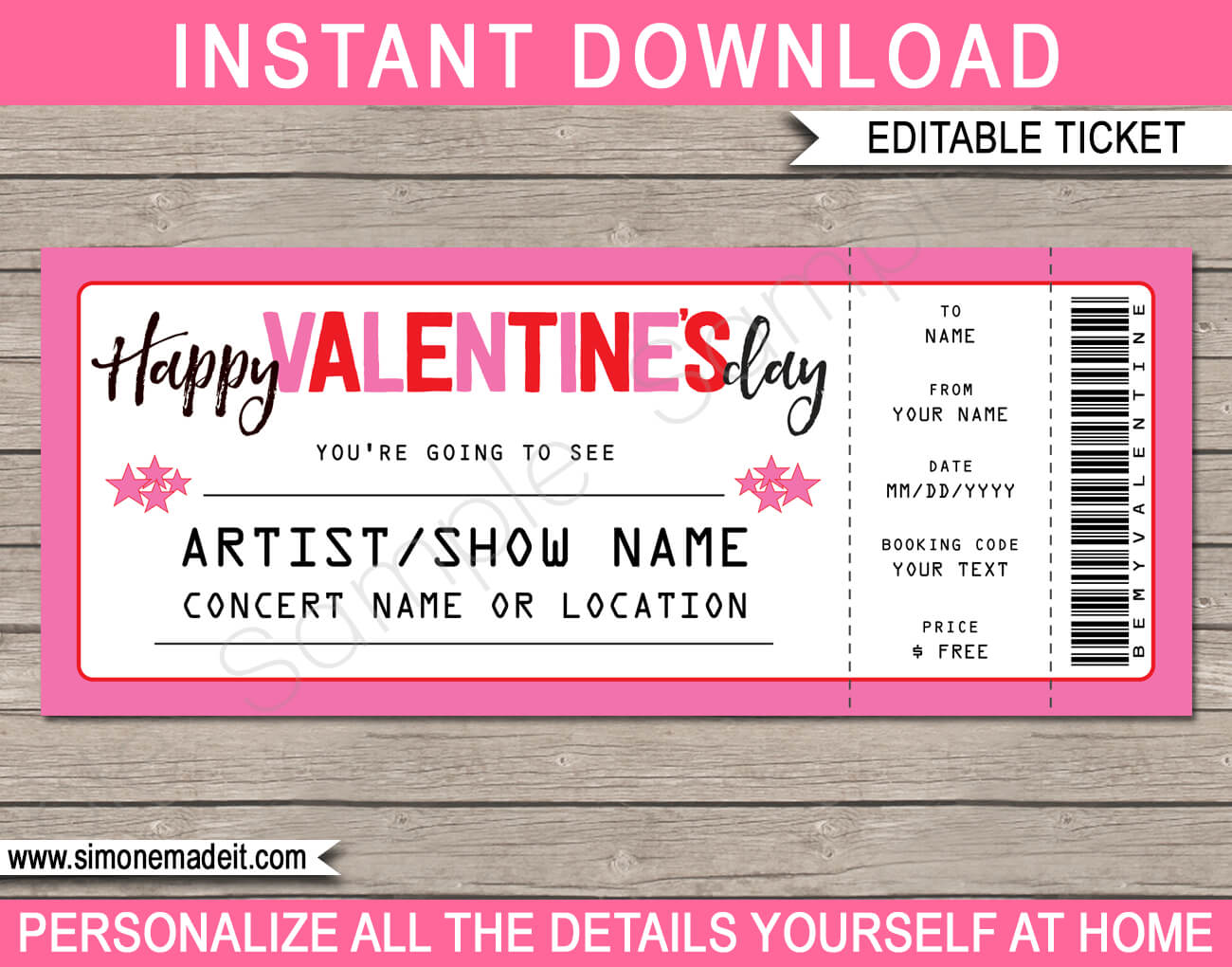 Valentine's Day Concert Gift Ticket – Pink & White Inside Movie Gift Certificate Template