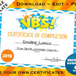 Vbs Vacation Bible School Certificate Of Completion Editable Template  Printable Intended For Vbs Certificate Template