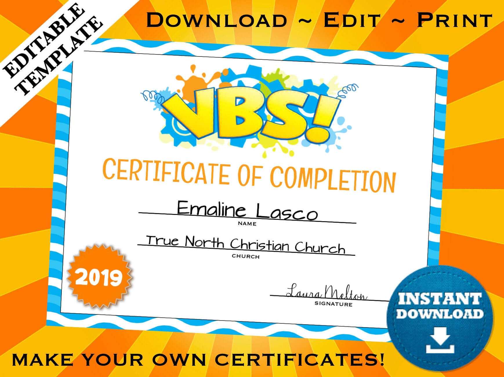 Vbs Vacation Bible School Certificate Of Completion Editable Template  Printable Intended For Vbs Certificate Template