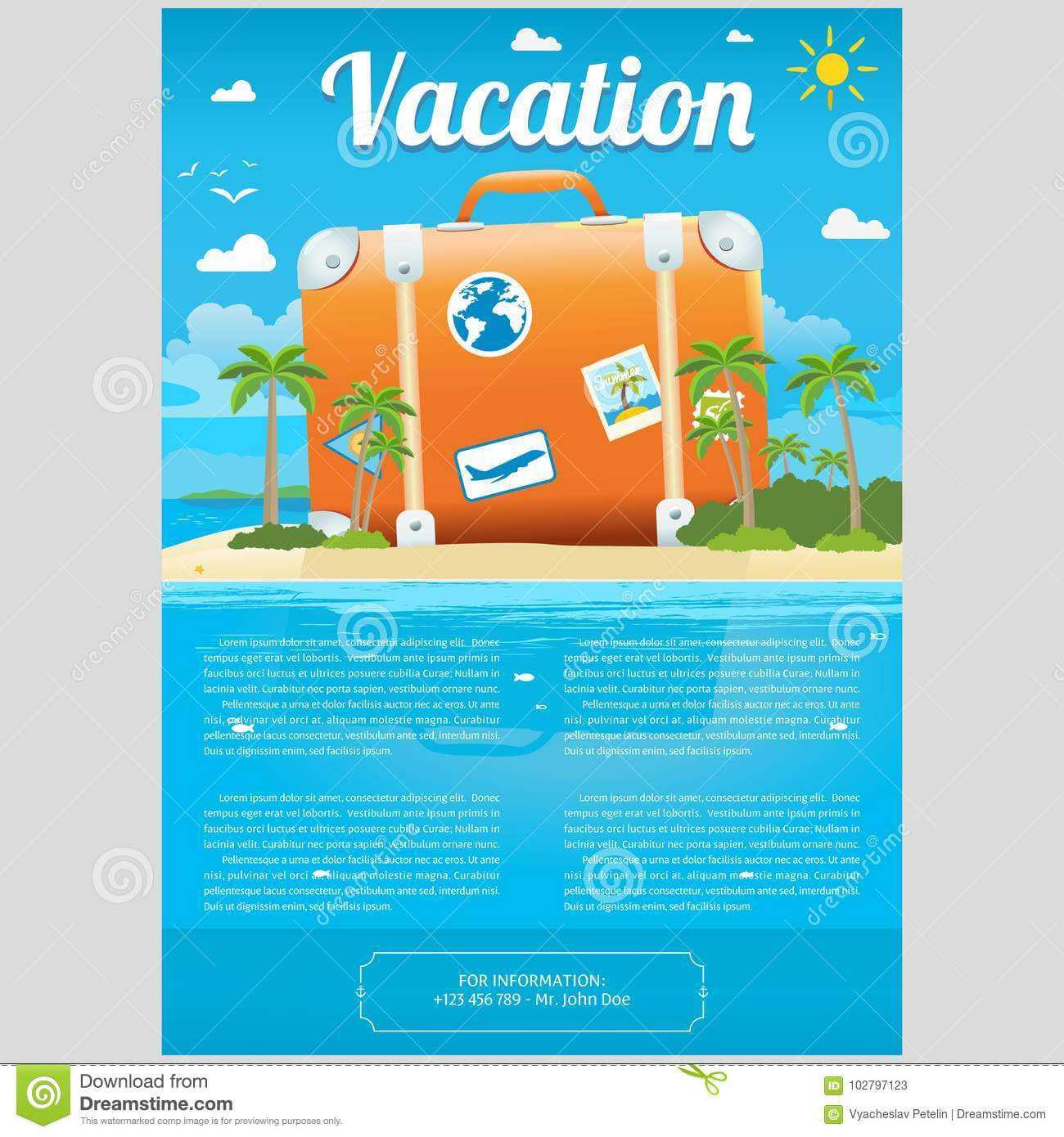 Vector Illustration Of Travel Suitcase On The Sea Island Within Island Brochure Template