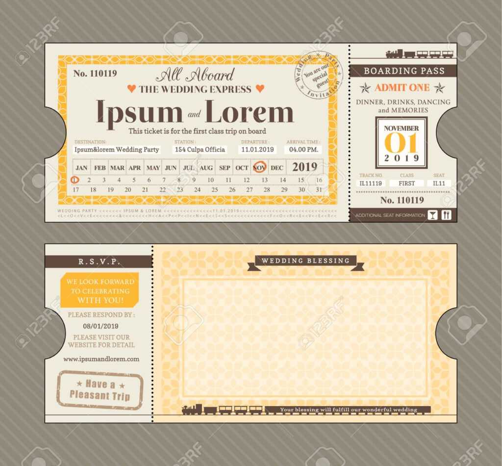 Vector Train Ticket Wedding Invitation Design Template With Blank Train