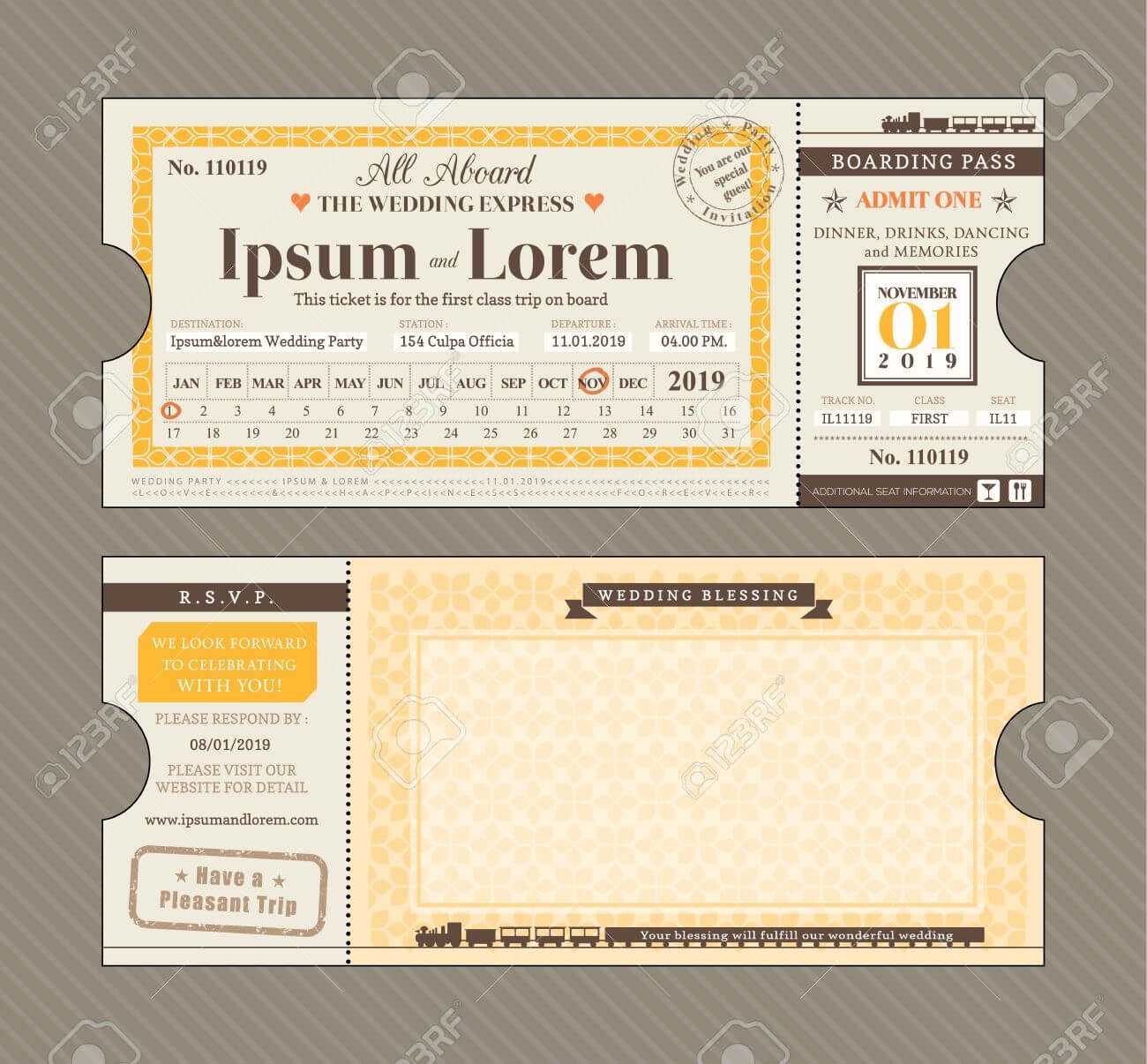 Vector Train Ticket Wedding Invitation Design Template With Blank Train Ticket Template