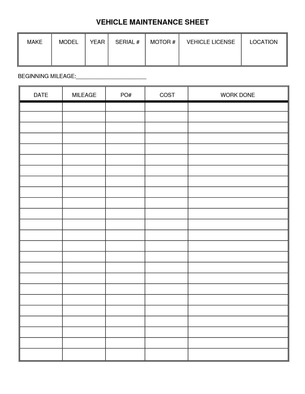 Vehicle Maintenance Log Sheet Template | Car Maintenance Intended For Job Card Template Mechanic