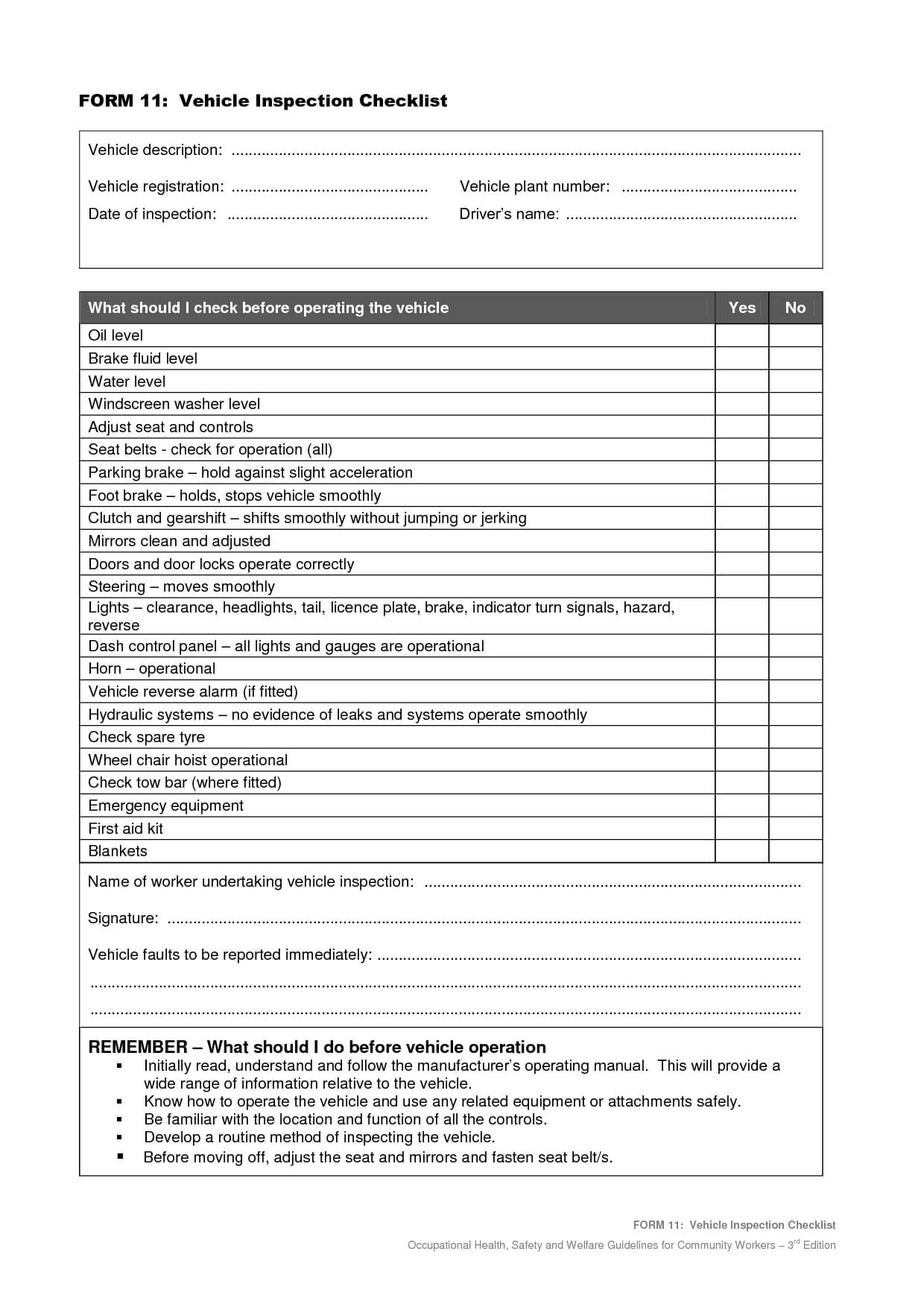 Vehicle+Safety+Inspection+Checklist+Form | Vehicle | Vehicle In Equipment Fault Report Template