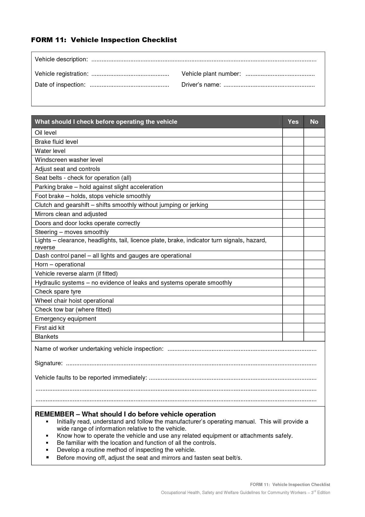 Vehicle+Safety+Inspection+Checklist+Form | Vehicle | Vehicle In Equipment Fault Report Template