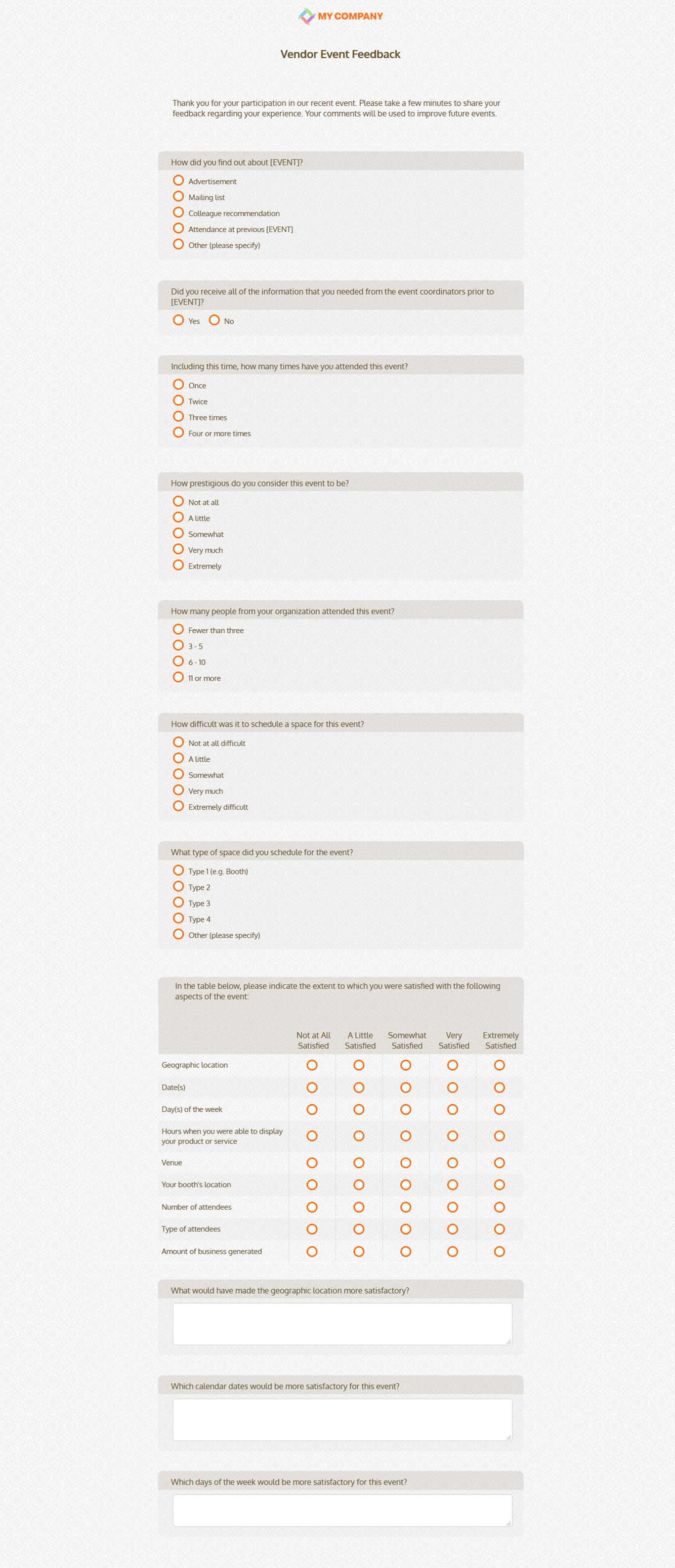 Vendor Event Feedback Survey Template [32 Questions Pertaining To Event Survey Template Word