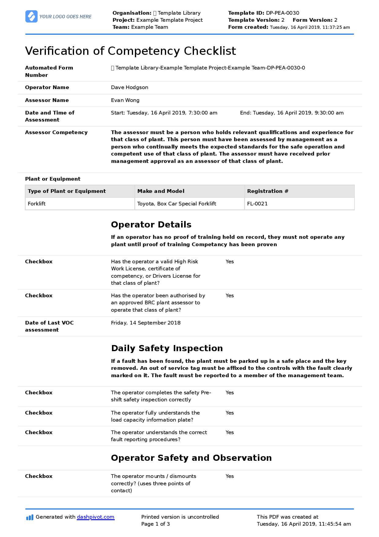 Verification Of Competency Template (Free And Editable Voc Form) Inside Equipment Fault Report Template