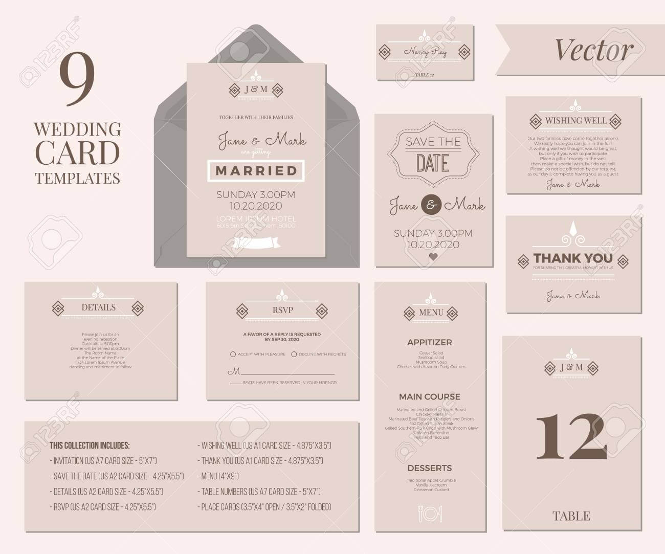 Vintage Minimal Wedding Invitation Card Collection Set Template.. Regarding Wedding Card Size Template