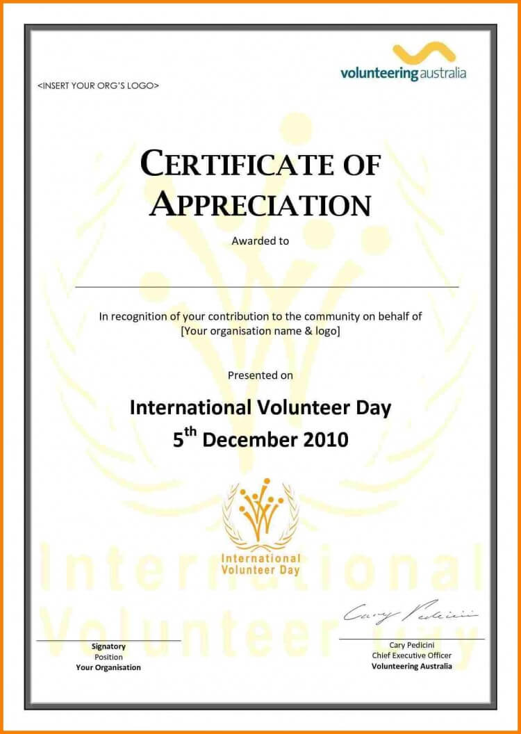 Volunteer Appreciation Certificate Template Certification Of Throughout Volunteer Of The Year Certificate Template