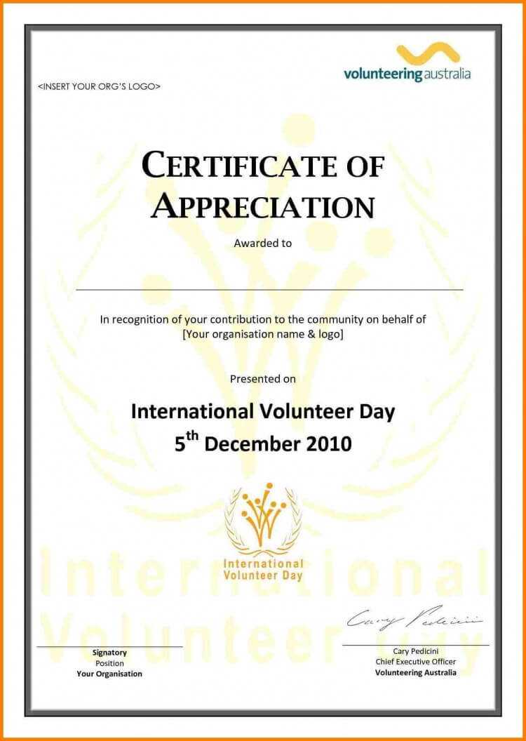 Volunteer Appreciation Certificate Template Certification Of Throughout Volunteer Of The Year Certificate Template