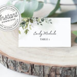 Watercolor Greenery Printable Wedding Place Cards W/ Eucalyptus Leaves  (Flat And Tent Folded) • Instant Download • Editable Template #027 Intended For Michaels Place Card Template