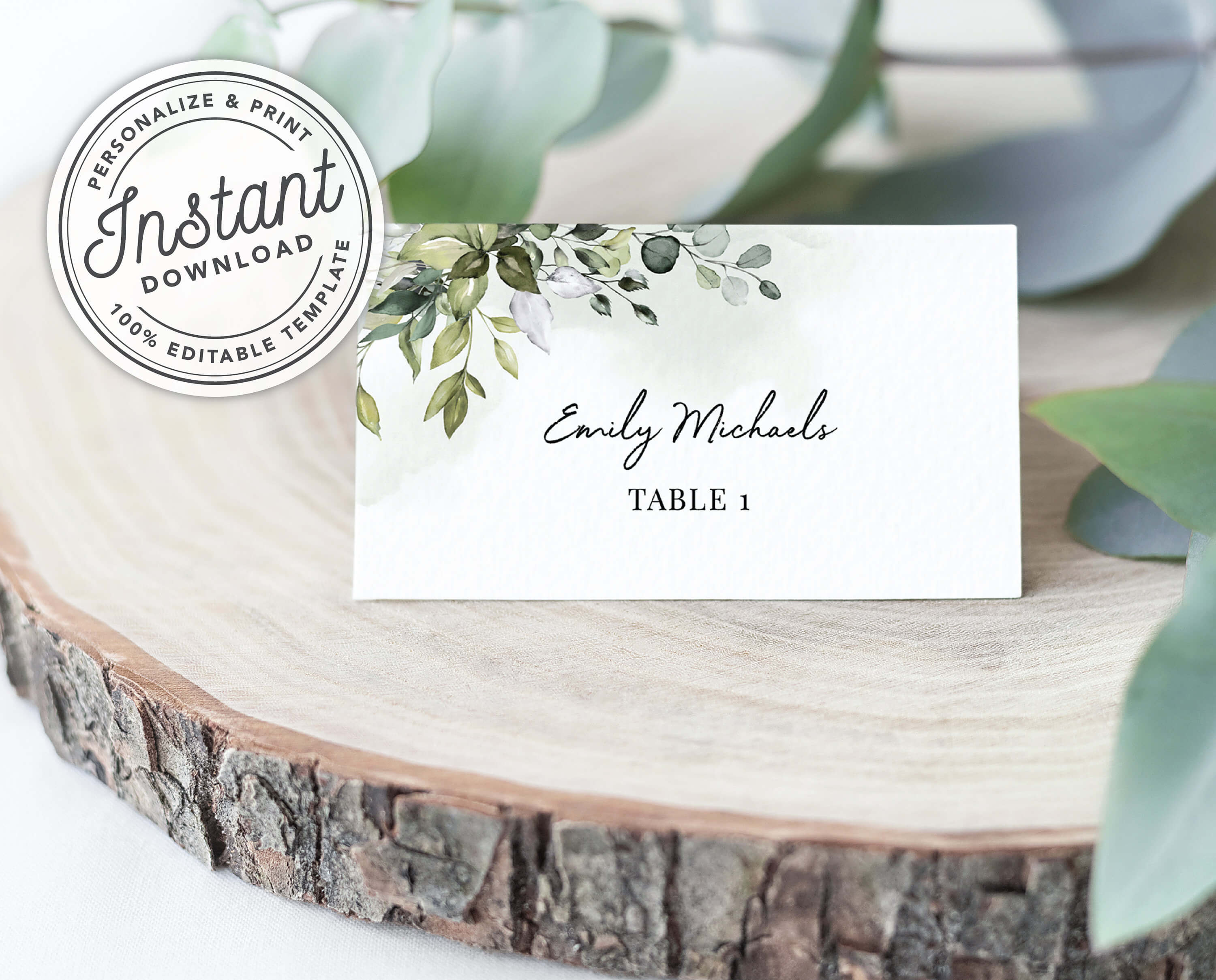 Watercolor Greenery Printable Wedding Place Cards W/ Eucalyptus Leaves  (Flat And Tent Folded) • Instant Download • Editable Template #027 Intended For Michaels Place Card Template