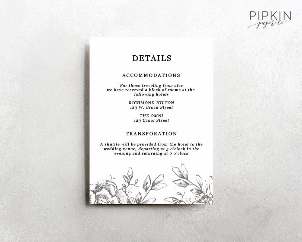Wedding Details Template | Information Card Template | Wedding Details Card  Template | Wedding Information Card | Enclosure Cards | Claire With Regard To Wedding Hotel Information Card Template