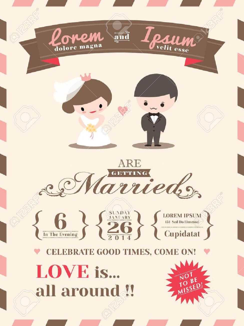 Wedding Invitation Card Template With Cute Groom And Bride Cartoon Pertaining To Invitation Cards Templates For Marriage