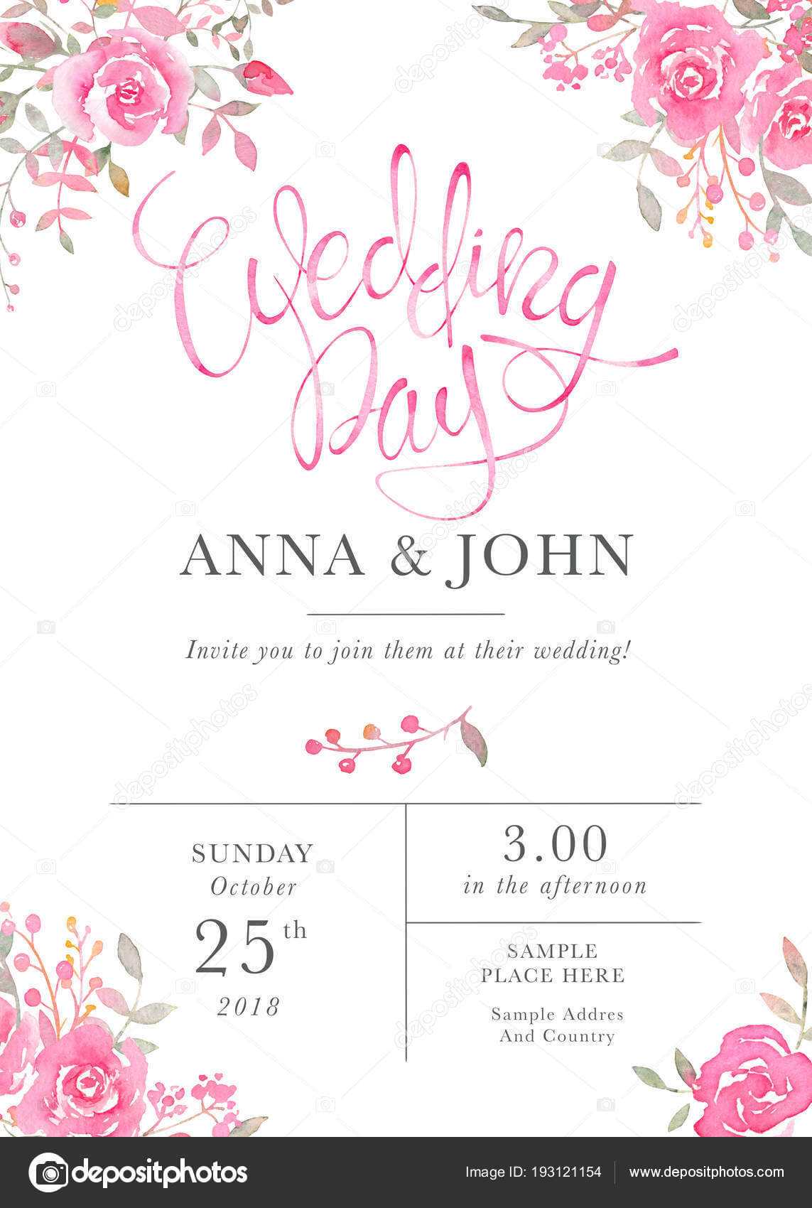 Wedding Invitation Card Template With Watercolor Rose For Sample Wedding Invitation Cards Templates