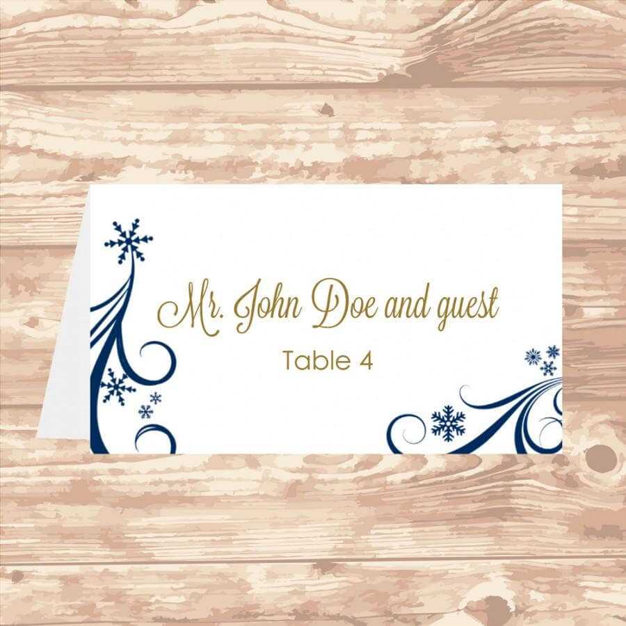 Wedding Place Card Diy Template Navy Swirling Snowflakes Intended For Wedding Place Card Template Free Word