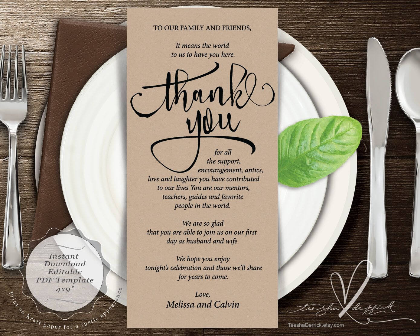 Wedding Place Setting Thank You Card, Instant Download Throughout Place Card Setting Template