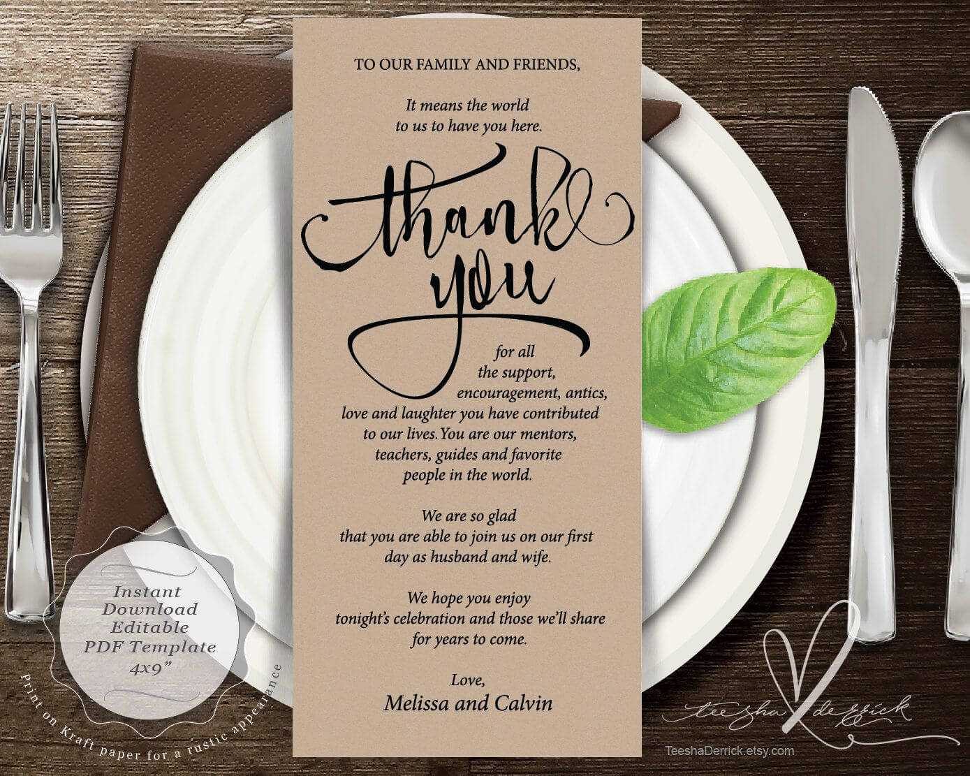 Wedding Place Setting Thank You Card, Instant Download Throughout Place Card Setting Template