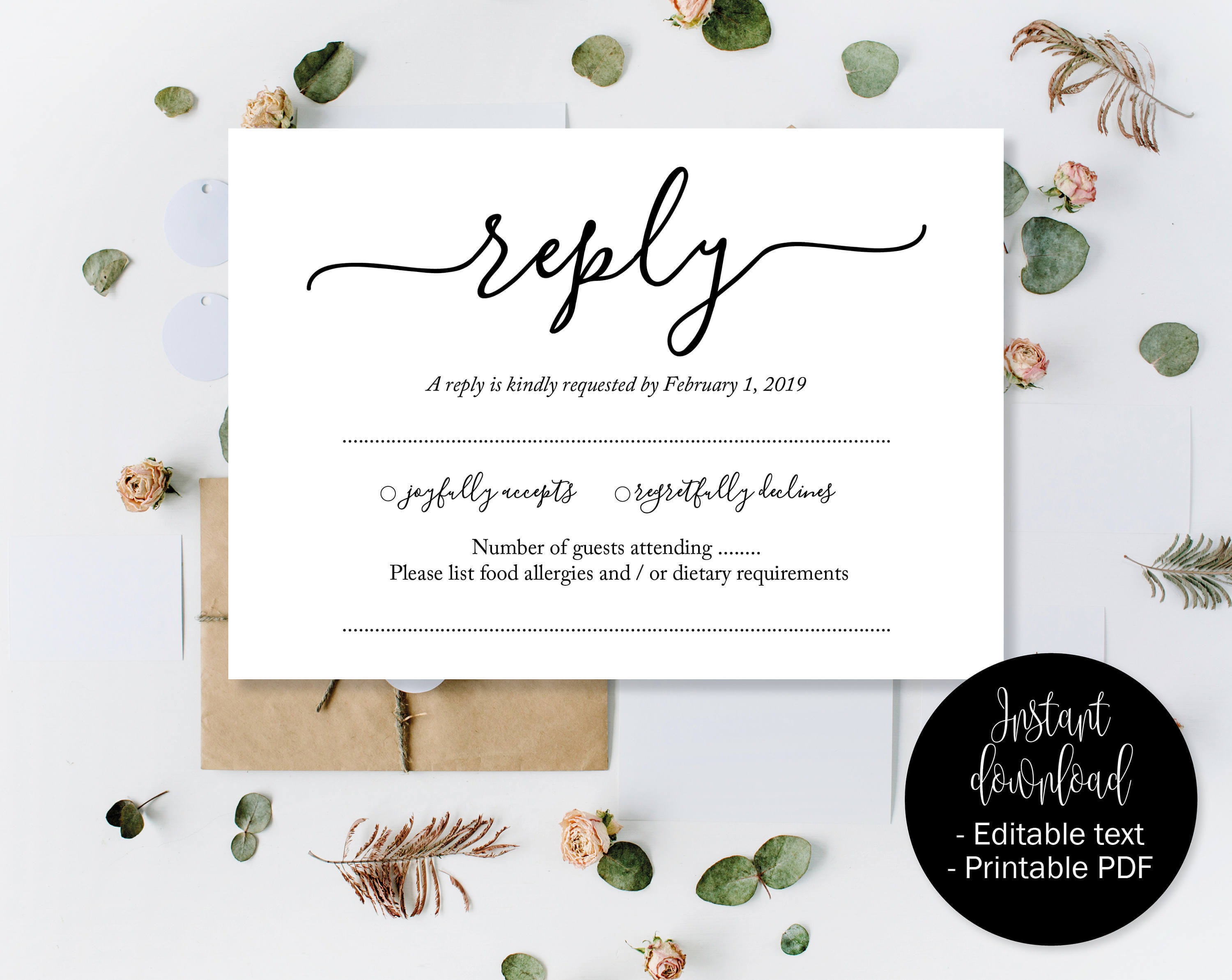 Wedding Rsvp Cards, Wedding Reply Attendance Acceptance Cards, Rsvp  Template Printable Editable Wedding Postcard Download Simple Rsvp Insert In Acceptance Card Template