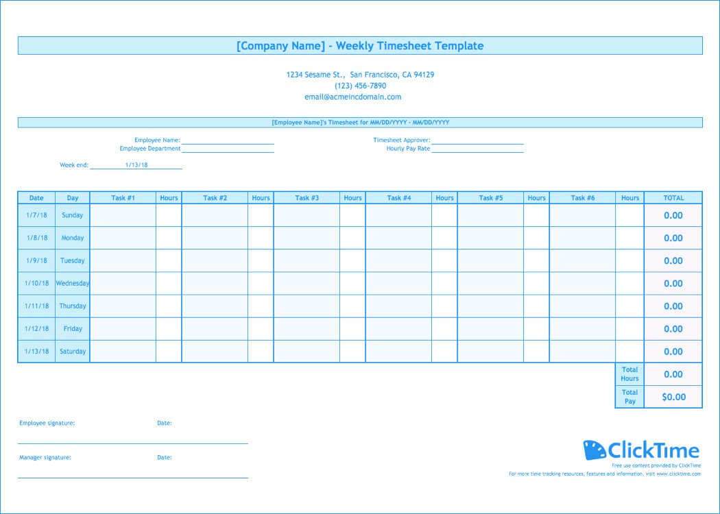 Weekly Timesheet Template | Free Excel Timesheets | Clicktime Throughout Weekly Time Card Template Free