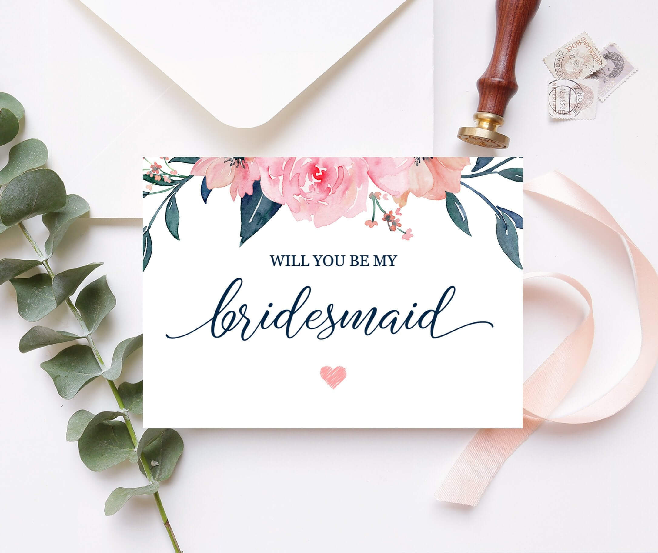Will You Be My Bridesmaid Card Bridesmaid Proposal Card Floral Bridesmaid  Card Maid Of Honor Proposal Pink Navy Printable 100 03Bp Within Will You Be My Bridesmaid Card Template