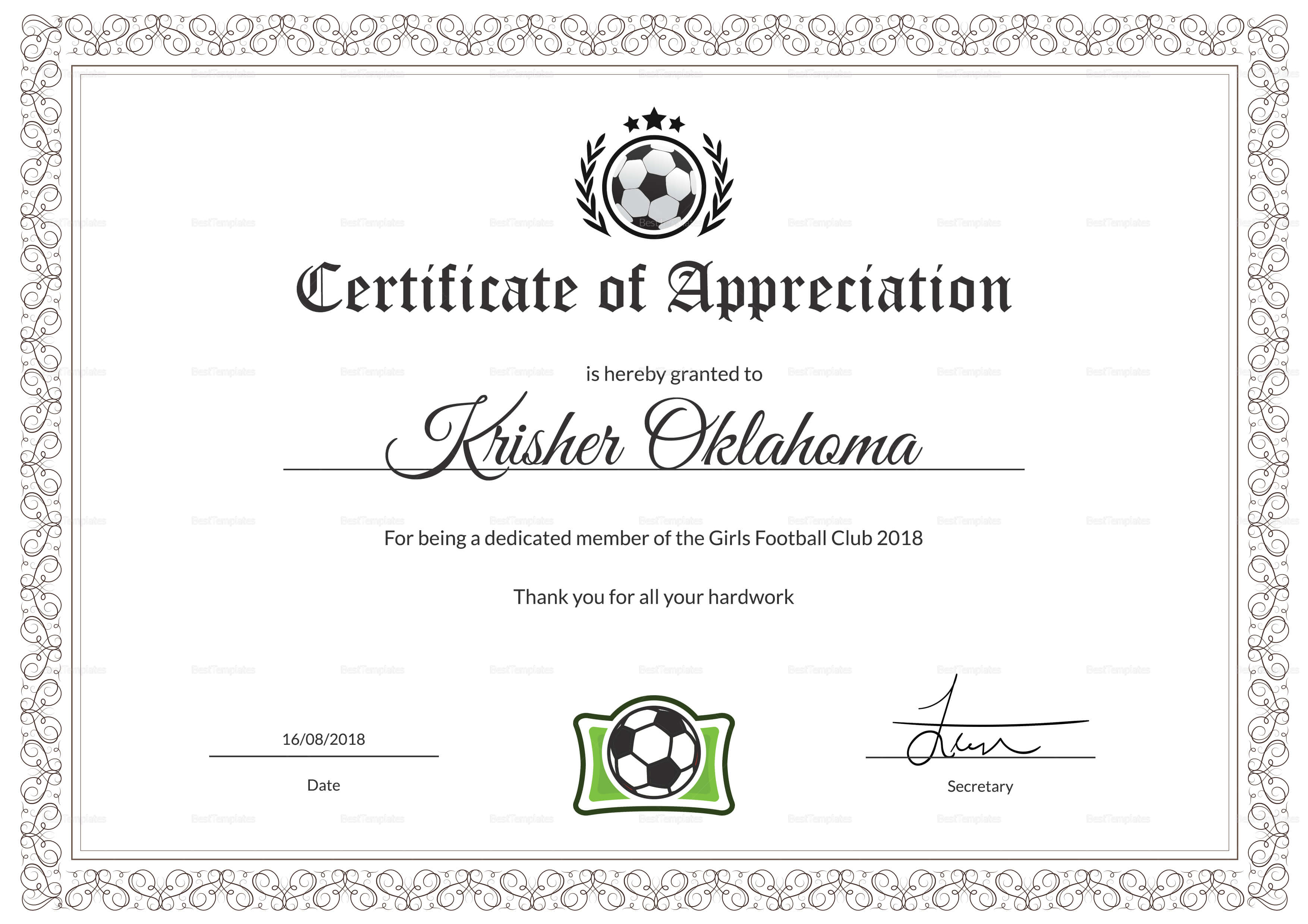 Women Football Appreciation Certificate Design Template In Inside Football Certificate Template