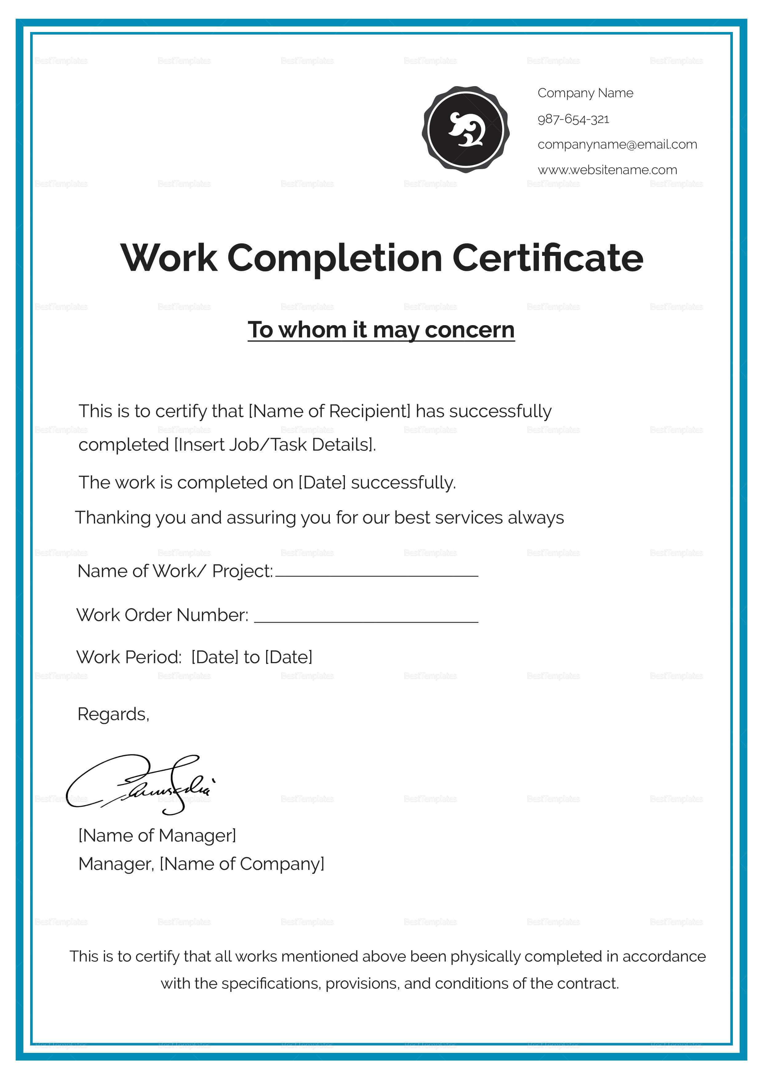 Work Completion Certificate Template In Good Job Certificate Template