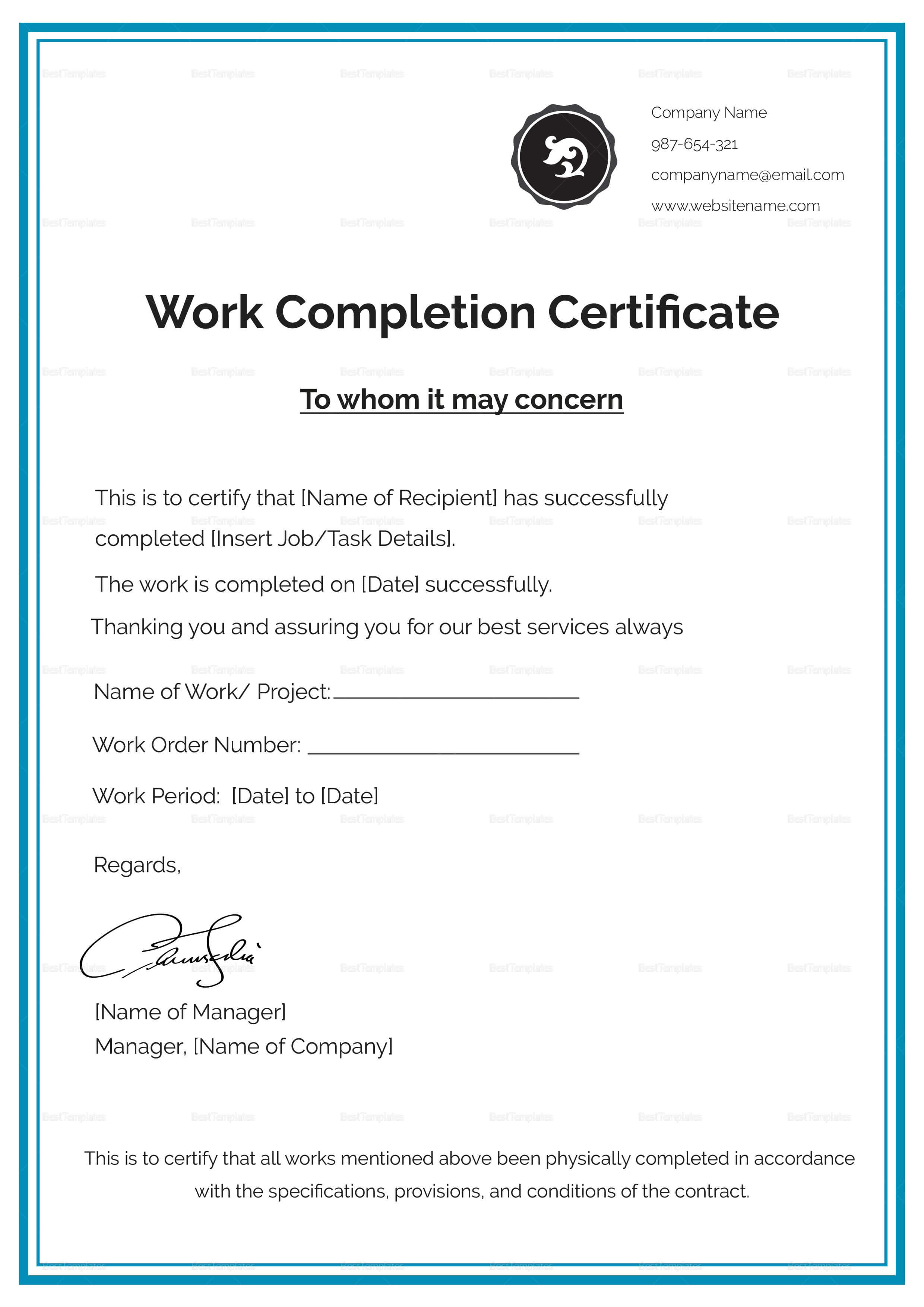 Work Completion Certificate Template | Job In 2019 Regarding Certificate Template For Project Completion