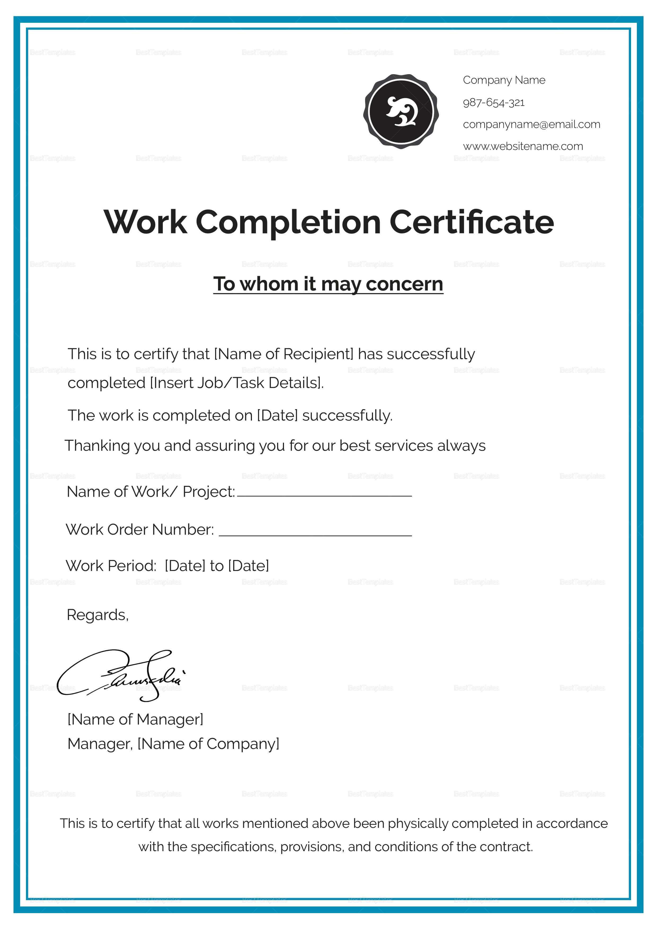 Work Completion Certificate Template | Job In 2019 Regarding Certificate Template For Project Completion