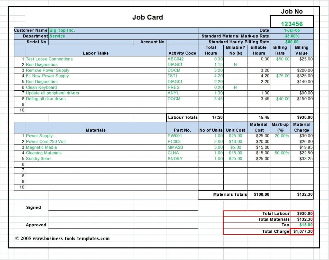 Workshop Job Card Template Excel, Labor & Material Cost For Maintenance Job Card Template